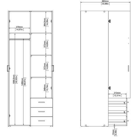 Dmora Armadio guardaroba a due ante e tre cassetti, colore bianco, Misure 77 x 200 x 49,5 cm, con imballo rinforzato