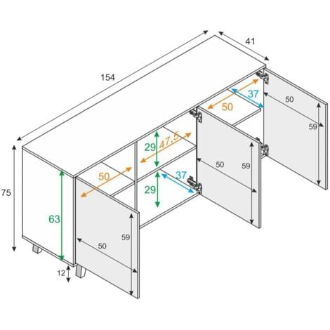 Credenza, Madia moderna a 3 ante e ripiani, Buffet da cucina, Buffet di design da soggiorno, cm 154x40h75, Bianco