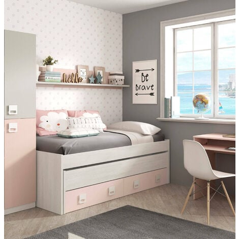 Struttura per letto con secondo letto estraibile con cassettone e una mensola coordinata a muro, colore bianco effetto legno chiaro e rosa, cm 199 x 65 x 95.