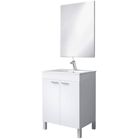 Mobile sotto lavabo NewYork, Mobiletto per bagno, Armadio a 2 ante con specchio, 60x45h80 cm, Bianco lucido