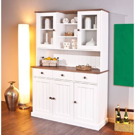Dmora Credenza a tre ante e tre cassetti con vetrinetta superiore, colore bianco con dettagli marrone, cm 131 x 181 x 45, con imballo rinforzato (1/5)