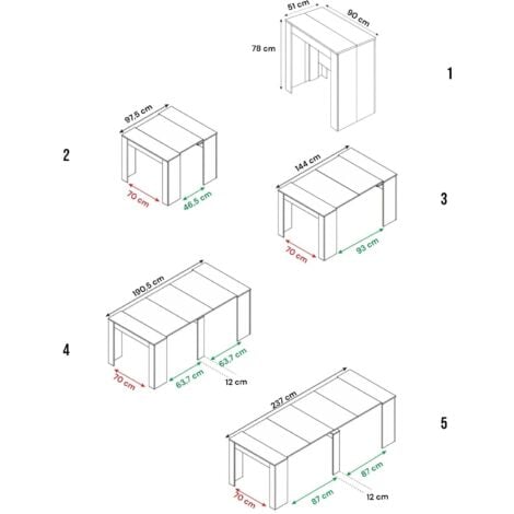 Tavolo allungabile, Tavolo da pranzo allungabile, Tavolo con allunghe multiuso estensibile fino a 10 posti, cm 51/237x90h78, Bianco Lucido
