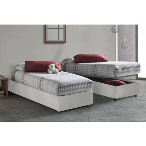 Letto singolo Alessandra, Letto contenitore con rivestimento in ecopelle,,  Apertura frontale, con materasso Cm 90x190 incluso, Bianco