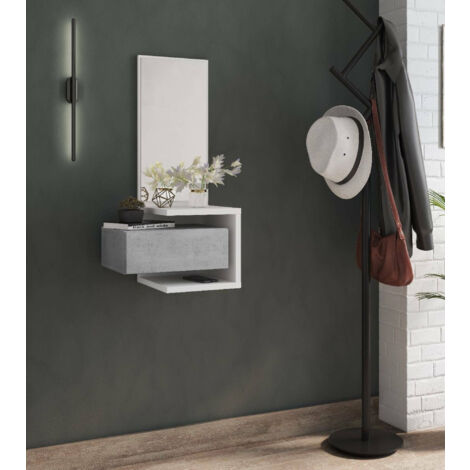 Dmora Mobile da ingresso con specchio, entratina per atrio con cassetto e ripiano, Svuotatasche per piccoli appartamenti, cm 43x32h90 cm, colore Bianco e Cemento, con imballo rinforzato