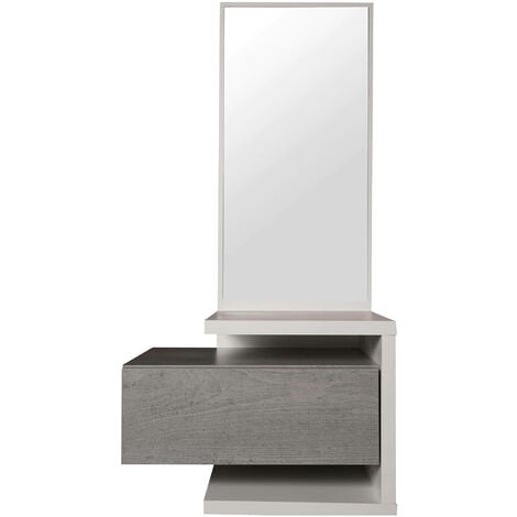 Dmora Mobile da ingresso con specchio, entratina per atrio con cassetto e ripiano, Svuotatasche per piccoli appartamenti, cm 43x32h90 cm, colore Bianco e Cemento, con imballo rinforzato