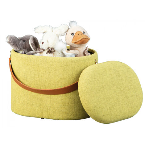 Dmora Pouf contenitore in tessuto con maniglia in ecopelle, colore giallo- verde, cm 42x30x36, con imballo