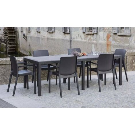 Tavolo Da Pranzo Rettangolare In Resina Effetto Rattan Antracite 80x140x72 Cm – Per Esterni E Interni