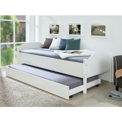 Cassetto con ruote estraibile per letto, in pino massello color bianco, cm  199x94x22, Con imballo rinforzato