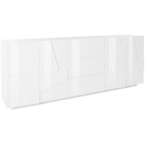 Dmora Credenza moderna a 4 ante e 3 cassetti, Made in Italy, Madia da cucina con dettaglio, Buffet di design da soggiorno, cm 224x44h86, colore Bianco lucido, con imballo rinforzato (1/4)
