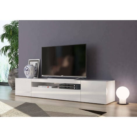 Dmora Mobile da soggiorno Porta TV, Made in Italy, Supporto per TV da salotto a 3 ante e ripiani, cm 200x40h37, colore Bianco lucido, con imballo rinforzato