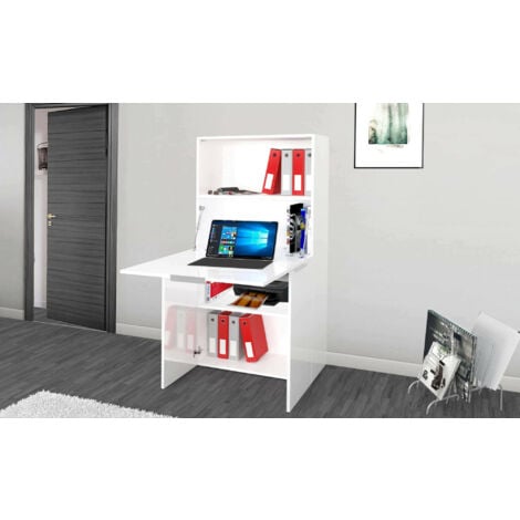 Dmora Scrivania con piano nascosto, Made in Italy, Mobile con scaffali e piano da lavoro, Armadio salvaspazio, cm 70x35h140, colore Bianco lucido, con imballo rinforzato