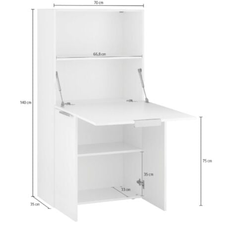Dmora Scrivania con piano nascosto, Made in Italy, Mobile con scaffali e piano da lavoro, Armadio salvaspazio, cm 70x35h140, colore Bianco lucido, con imballo rinforzato