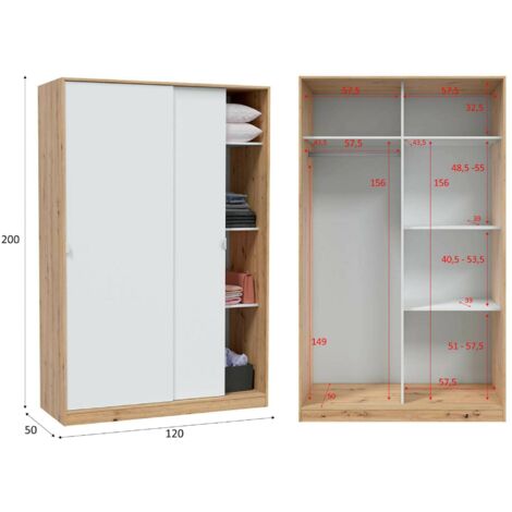 Guardaroba, Armadio per camera da letto a 2 ante scorrevoli, Mobile con 3 ripiani e barra appendiabiti, cm 120x50h200, Rovere e Bianco