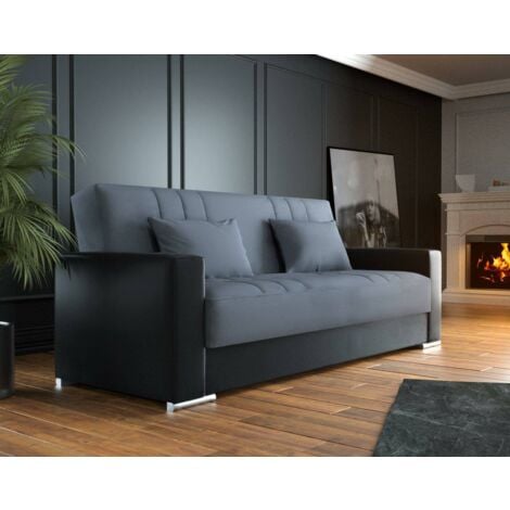 Dmora Divano letto Sergio, Divano letto contenitore a 3 posti in ecopelle e tessuto, Sofà da soggiorno con apertura click-clack e 2 cuscini inclusi, Cm 230 x96h101, Nero e Grigio, con imballo rinforza