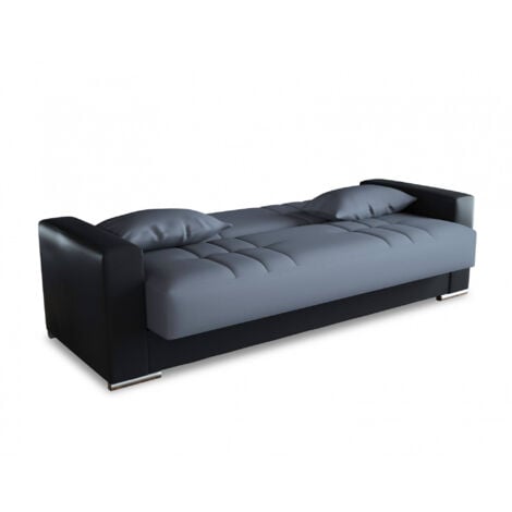 Dmora Divano letto Sergio, Divano letto contenitore a 3 posti in ecopelle e tessuto, Sofà da soggiorno con apertura click-clack e 2 cuscini inclusi, Cm 230 x96h101, Nero e Grigio, con imballo rinforza