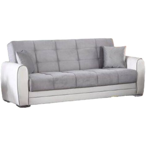 Dmora Divano letto Luis, Divano letto contenitore a 3 posti in ecopelle e tessuto, Sofà da soggiorno in tessuto imbottito con apertura click-clack, Cm 220x84h91, Bianco e Grigio, con imballo rinforzat