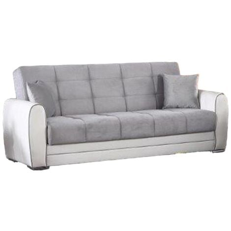 Dmora Divano letto Luis, Divano letto contenitore a 3 posti in ecopelle e tessuto, Sofà da soggiorno in tessuto imbottito con apertura click-clack, Cm 220x84h91, Bianco e Grigio, con imballo rinforzat