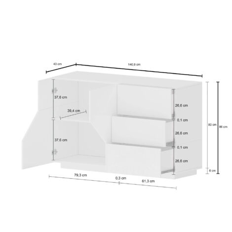 Credenza moderna a 2 ante e 3 cassetti, Made in Italy, Madia da cucina,  Buffet di design da soggiorno, cm 150x40h80, colore Bian