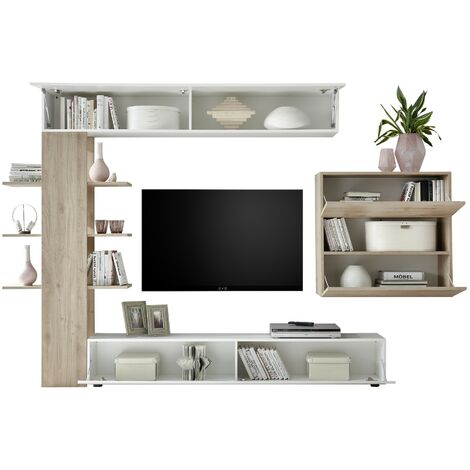 Dmora Parete attrezzata da soggiorno, Mobile porta TV, scaffali e  vetrinetta, Salotto moderno completo, Made in