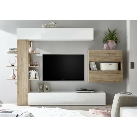 Dmora Parete attrezzata Savannah, Mobile da soggiorno porta TV,  Composizione set salotto, Set salotto con pensile, 200x41h43 cm, Bianco e  Rovere