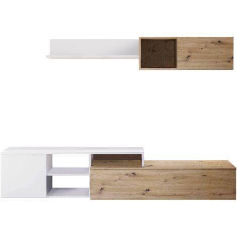 Parete attrezzata Miami, Mobile da soggiorno porta TV reversibile, Composizione per salotto con pensile e mensola, 220x40h44 cm, Rovere effetto nodi e Bianco (1/5)