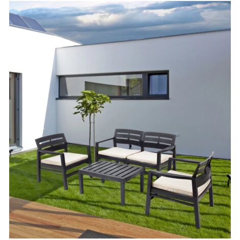 Set salotto da esterno, Set da giardino con 2 poltrone, 1 divano ed 1 tavolino, Salottino indoor e outdoor con cuscini, 100% Made in Italy, Antracite