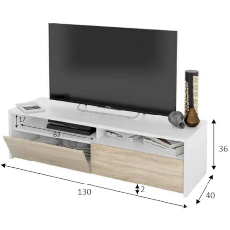 Mobile porta TV, Credenza per televisione da soggiorno con 2 ante, Supporto TV, Buffet moderno basso da salotto, cm 130x40h36, Bianco lucido