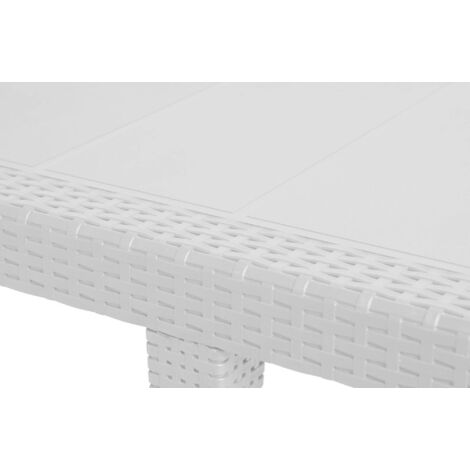 Tavolo da esterno, Ripiano rettangolare allungabile da pranzo, Tavolo da giardino estensibile effetto rattan, 100% Made in Italy, 150/220x90h72 cm, Bianco