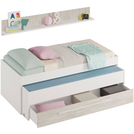Letto singolo, Struttura letto per cameretta, Letto singolo con lettino estraibile e cassettone e mensola abbinata, cm 199x96h65, Bianco