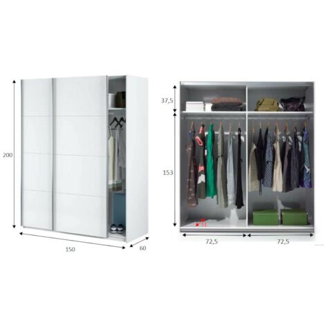 Guardaroba, Armadio per camera da letto a 2 ante scorrevoli, Mobile con barra appendiabiti e 2 ripiani, cm 150x60h200, Bianco