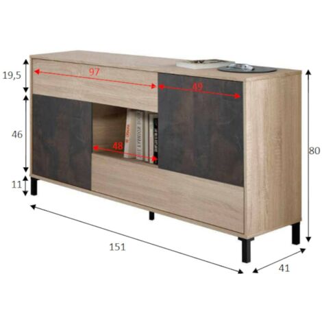 Mobile TV 3 Ante Moderno Made In Italy - Madia Soggiorno Push Pull Ossido Nero/Marmo Calacatta 74x177x41 Cm