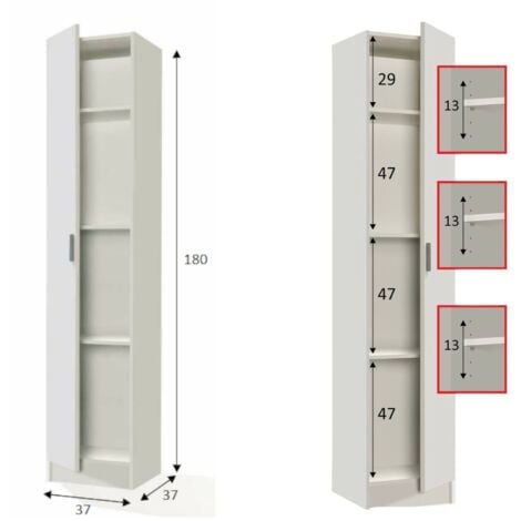 Armadio multiuso, Mobile ausiliario a 1 anta, Guardaroba portascarpe con ripiani, Scarpiera verticale, cm 37x37h180, Bianco