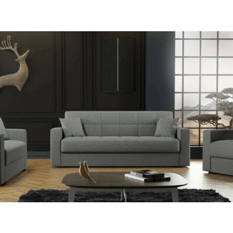 Divano letto 3 posti Pinto, Divano letto contenitore lineare, Sofà da soggiorno in tessuto imbottito con apertura click-clack, 212x80h87 cm, Grigio