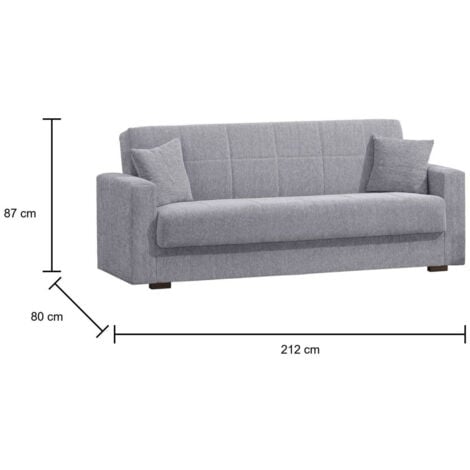 Divano letto 3 posti Pinto, Divano letto contenitore lineare, Sofà da soggiorno in tessuto imbottito con apertura click-clack, 212x80h87 cm, Grigio