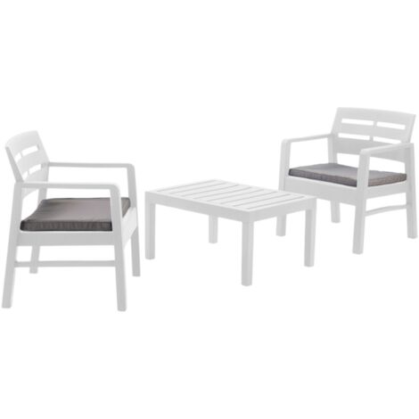 Dmora - Set salotto da esterno Alfio, Composizione da giardino con 2 poltrone e 1 tavolino, Salottino indoor e outdoor con cuscini, 100% Made in Italy, Bianco