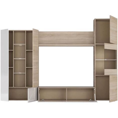 Parete attrezzata, Mobile da soggiorno porta TV modulare, Composizione salotto con pensili e vetrine e luce led, cm 260x42h185, Rovere e Bianco