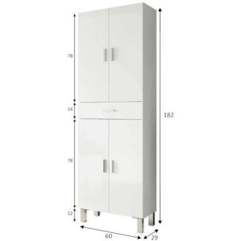 Armadio multiuso, Mobile per bagno o lavanderia a 4 ante e 1 cassetto, Armadio multiuso portascarpe, cm 60x29h182, Bianco lucido