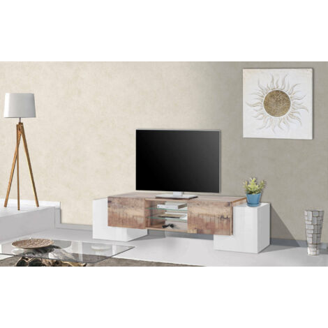 Mobile porta TV Darcar, Credenza bassa da soggiorno, Base porta TV, 100%  Made in Italy, cm 120x40h47, Bianco lucido e Acero