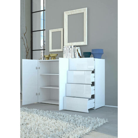 Dmora Bianco Lucido Credenza Moderna a 4 Ante e 3 cassetti, Made in Italy,  Madia da Cucina con Dettaglio, Buffet di Design da Soggiorno, cm 224x44h86,  Colore : : Casa e cucina