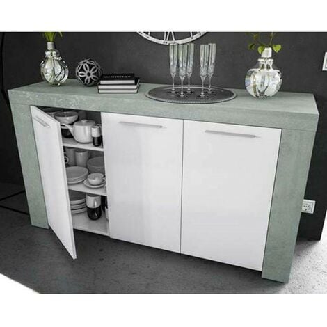 Dmora - Credenza Amaculi, Buffet da soggiorno, Mobile porta TV, Madia per salotto, Armadio moderno a 3 ante, 144x42h80 cm, Cemento e Bianco