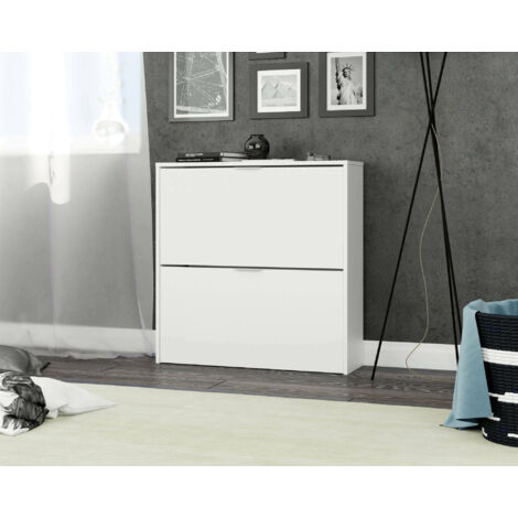 Dmora - Scarpiera Anakin, Armadio portascarpe a 2 ante a ribalta, Scarpiera bassa da ingresso, Mobile basso, 75x22h76 cm, Bianco