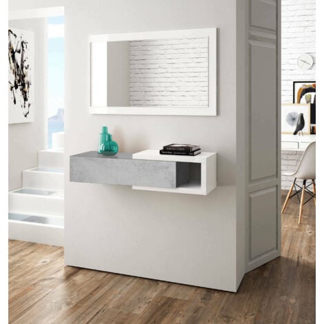 Dmora Mobile da ingresso con specchio, entratina per atrio con cassetto,  Svuotatasche per piccoli appartamenti, cm 100x27h155, colore Cemento e  Bianco