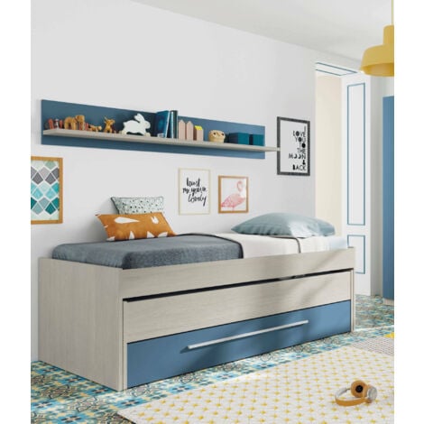 Dmora - Letto singolo Dmialic, Struttura letto per cameretta, Letto singolo  con lettino estraibile e cassettone e mensola abbinata, 199x96h65 cm, Bianco  e Blu