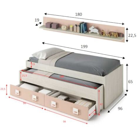 Dmora Letto singolo per bambini, Divano letto con secondo lettino  estraibile, Lettino con decorazione e protezione