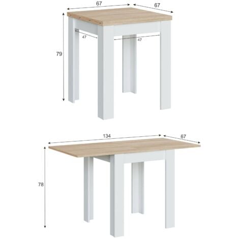 Tavolo allungabile Dkuavit, Tavolo da pranzo pieghevole apertura a libro,  Tavolo ausiliario richiudibile, 67x67/135h79 cm, Bianco e Rovere