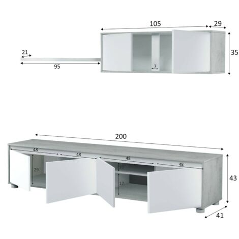 Dmora - Parete attrezzata Amir, Mobile da soggiorno porta TV, Composizione set salotto, Set salotto con pensile, 200x41h43 cm, Bianco e Cemento