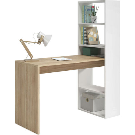 Dmora - Scrivania Ali, Scrittoio multifunzione reversibile con libreria 5 ripiani, Tavolo da studio o ufficio porta PC portalibri, 120x53h144 cm, Bianco e Rovere