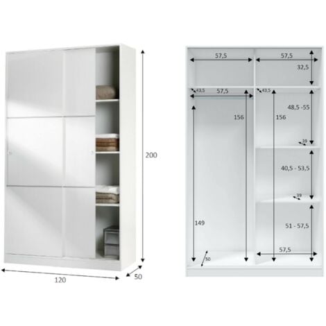 Dmora Guardaroba Waterbury, Armadio per camera da letto a 2 ante scorrevoli, Mobile con 3 ripiani e barra appendiabiti, cm 120x50h200, Bianco, con imballo rinforzato