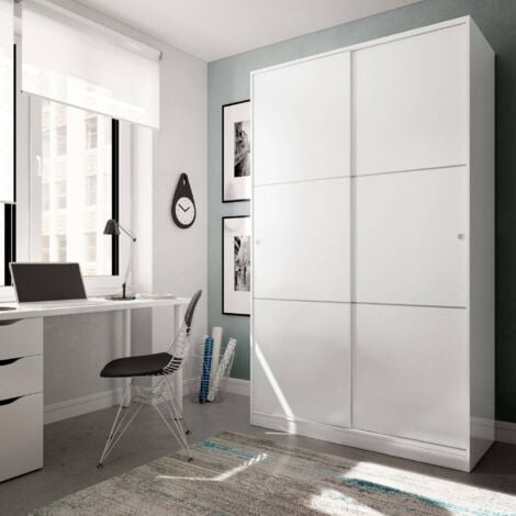Dmora Guardaroba Waterbury, Armadio per camera da letto a 2 ante scorrevoli, Mobile con 3 ripiani e barra appendiabiti, cm 120x50h200, Bianco, con imballo rinforzato