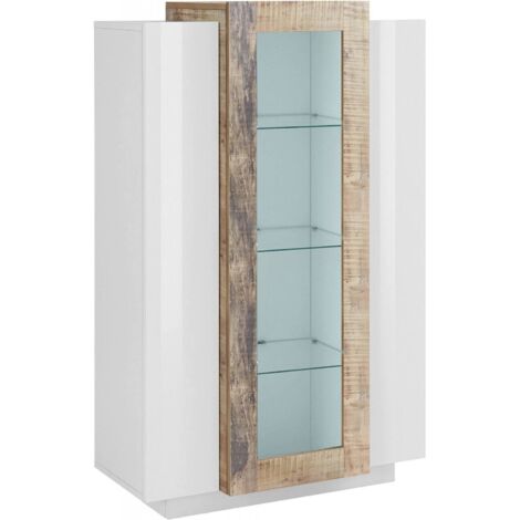 Dmora - Vetrina Ablaze, Credenza con tre ante, Mobile da soggiorno multiuso, 100% Made in Italy, cm 80x38h121, Bianco lucido e Acero
